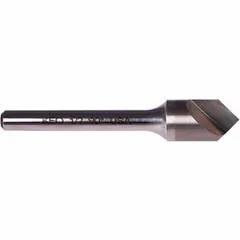 This KEO countersink features a 60° included angle and a single-flute design for fast cutting. The body diameter is 1/4 in, and the tool is made from AlTiN-coated carbide. It is used to create conical recesses for flathead screws in metalworking and machining applications.