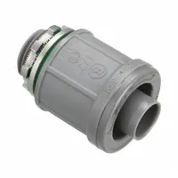 Straight plastic liquid-tight conduit fitting for 1/2 in trade size nonmetallic conduit. Connects conduit to boxes and enclosures in electrical installations where moisture and contaminant protection is required. Gray color