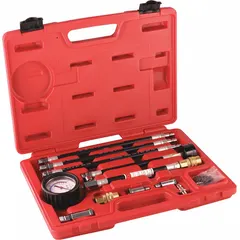 This compression tester kit is used for engine diagnostics, measuring cylinder compression to identify issues such as worn rings, leaking valves, or head gasket problems. Constructed of plated steel, the kit includes adapters for compatibility with various engine types.