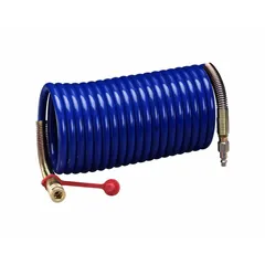 This 100 ft coiled nylon hose with 3/8 in inside diameter and 1/4 in MPT fittings is rated for a maximum pressure of 125 psi. It is intended for use in supplied-air respirator systems to deliver breathing air in industrial environments.