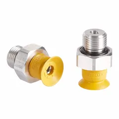 Flat type vacuum pad assembly with NBR-ESD material, yellow color, 55 A durometer. Pad diameter 2.6 mm, height 15.3 mm. Designed for handling sensitive electronic components in ESD-safe environments, providing static-dissipative grip for small parts in electronics manufacturing and assembly.