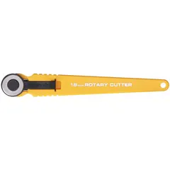 Non-retracting rotary cutter with a 3/4 in diameter stainless steel blade and a 5 1/2 in plastic handle. Used for straight cutting of fabric, paper, and thin plastics in crafting, sewing, and light industrial trimming.