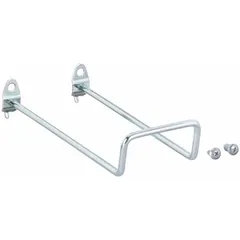 Steel hook with zinc-plated silver finish for hanging hammers on round-hole pegboards. Features a screw-in locking system for surface mounting; includes screws. Fits 1/4 in and 1/8 in peg holes.
