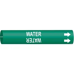 Green snap-on pipe marker with white legend reading 'Water' and directional arrows. Fits pipe outer diameters from 1-1/2 to 2-3/8 inches. Used to identify water lines and indicate flow direction in piping systems.