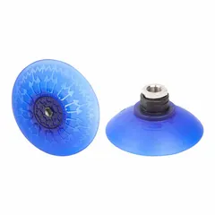 Bell-type vacuum pad assembly with a 92.2 mm pad diameter and G1/4 in connection. Made of Elastodur ED material in blue with 85 A shore hardness. Suitable for automated handling tasks such as robotic pick-and-place and assembly operations.