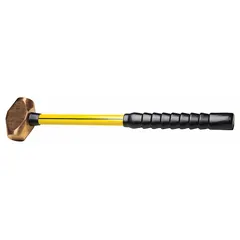 Soft-face sledge hammer with a brass striking face for non-marring, non-sparking blows. Features a 6 lb head, 2-1/2 in diameter face, and 18 in overall length with a fiberglass handle. Suitable for assembling machinery, seating bearings, and forming sheet metal without damaging workpieces. Meets ASME standards.