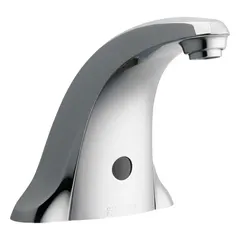 Centerset battery-powered sensor faucet with polished chrome finish. Constructed of cast metal and includes a dual-beam infrared sensor for touch-free operation. Suitable for commercial restrooms and public washrooms.