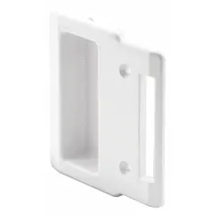 This sliding handle is designed for use on sliding screen doors, providing a grip for opening and closing. It features an Ivory color with an Unfinished finish. Overall height and length are both 3 3/8 inches.