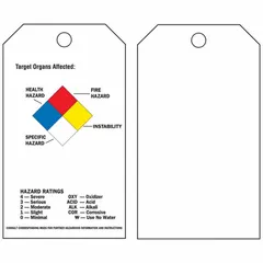 This polyester safety tag is rectangular, measuring 5 3/4 inches high by 3 inches wide with a thickness of 0.01 inches. It is designed for indoor and outdoor use, featuring English text and supplied in a pack of 25 tags with 25 nylon ties for attachment. Commonly used in industrial identification and warning applications such as lockout/tagout programs and hazard communication.