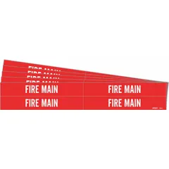 Red pipe markers with white 'Fire Main' legend, without arrows. Each pack contains 4 markers fitting pipe outer diameters from 3/4 to 2-3/8 inches, sold in a 5-pack. Used to identify fire main piping in industrial and commercial facilities.