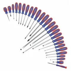 This 26-piece screwdriver set features ergonomic grip handles for comfortable use during assembly, maintenance, and repair tasks. The magnetized tips securely hold fasteners, and the set includes a T20 Torx tip for common applications.