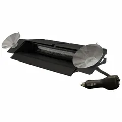 Polycarbonate dash and deck warning light with bracket mount and lighter plug connection. Operates on 12-24V DC. Overall length 6 5/8 in, height 1 5/16 in. Blue/white light output for visual signaling in fleet and vehicle applications.