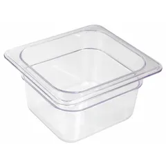 Rectangular sixth-size food pan, NSF Certified and dishwasher safe. Overall length 7 in, width 6 1/4 in. Suitable for holding, serving, or storing prepared foods in steam table applications.