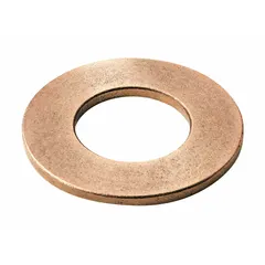 This OILITE thrust washer is made from SAE 841 bronze, a self-lubricating material suitable for reducing axial friction and wear between rotating and stationary components. It has an outer diameter of 1 3/8 in and a thickness of 0.125 in, conforming to inch dimensions. The washer is RoHS certified and supplied in a pack of 10. Typical applications include use in gearboxes, pumps, and conveyors where axial load support is required.