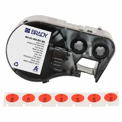 Combined label and ribbon cartridge containing 1/2 in cryogenic autoclavable nylon labels, black on red, circle shape for 2.0 mL vials/tubes. Compatible with M410 printer series. Used for labeling vials and tubes in laboratory and industrial settings requiring resistance to extreme cold and autoclaving.