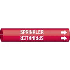 Red pipe marker with white 'Sprinkler' legend and directional arrows. Fits pipe outer diameters of 4 to 6 inches. Used to identify sprinkler piping in industrial and commercial facilities, aiding safety and compliance.