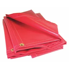 This MAURITZON vinyl tarp is a heavy-duty, 20 mil thick cover in red, weighing 13 oz/sq yd. It measures 13.75 ft long by 11.67 ft wide and is flame retardant. Suitable for protecting equipment, materials, or worksites from weather and debris in industrial environments where fire safety is required.