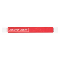 Red Tyvek security wristband for identifying individuals with allergies. Each wristband measures 10 inches long by 1 inch wide. Supplied in a pack of 500. Suitable for use in healthcare, hospitality, and event settings.