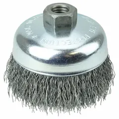 Crimped steel wire cup brush for light cleaning of carbon steel surfaces. Removes rust, scale, and light burrs without damaging base material. Suitable for weld preparation, surface finishing, and general maintenance in metal fabrication. 4 in diameter, 0.02 in fill diameter, 5/8"-11 arbor hole.