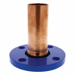 This NIBCO Press System flange fitting is made of copper and connects 4 in CTS copper tube to 4 in pipe flanged equipment. The press-fit connection enables secure, leak-free joints without soldering. Suitable for use in plumbing and HVAC systems where copper tube is joined to flanged components.