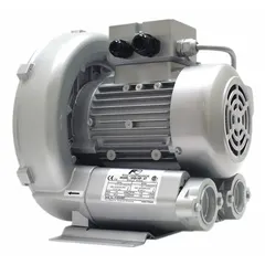 Single-stage regenerative blower providing oil-free low-pressure air or vacuum. Maximum operating pressure 71.8 in wc, maximum vacuum 68 in wc. Powered by 1.75 hp motor, single-phase 115/230V AC, 16.6/8.3 A. NPT female connections. Suitable for pneumatic conveying, aeration, vacuum lifting, and drying systems in continuous-duty industrial processes.