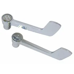 Lever handle made of brass with chrome finish. Includes mounting screws. For use with hot and cold water. Suitable for replacement on faucets requiring a lever-style handle.