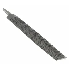 This half-round wood rasp features a single-edge cut with 9.5 teeth per inch for shaping and smoothing wood surfaces. The 8-inch file length and taper towards the point allow for contouring and finishing curved or flat workpieces in carpentry and woodworking.