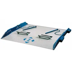This steel dock board bridges the gap between loading docks and trucks or railcars for forklift and pallet jack access. The diamond treadplate surface provides traction in industrial loading areas.