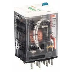 Socket-mounted general purpose relay with square base and flat pins. Features 4PDT contact configuration, 24V DC coil voltage, 6 A current rating, and 14 quick-connect terminals. Suitable for switching loads in industrial control panels, automation systems, and machinery.