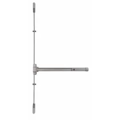 This DORMAKABA exit device is a surface-mounted vertical rod push bar made of aluminum. It is designed for doors up to 36 inches wide and features a touchbar for push-bar egress. The vertical rod is not included. Suitable for use on aluminum doors requiring panic exit hardware.