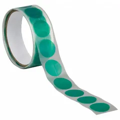 3M 8992 series high-temperature film masking tape discs. Each disc is 1 inch in diameter, 3.2 mils thick, made of green polyester film with silicone adhesive. Pack of 100. Used for masking during powder coating, plating, and anodizing processes where elevated temperatures are encountered.