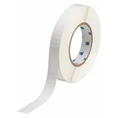 This precut label roll consists of 13/64 in x 21/32 in polyester labels with a white gloss finish. It is rated for continuous use from -40°F to 248°F and is compatible with the i5100 printer series. Typical applications include industrial identification and labeling in manufacturing, electrical, and HVAC environments.
