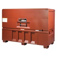 This piano-style jobsite box provides 60.3 cu ft of storage capacity with dimensions 31 in W x 74 in D x 51 in H. It features a padlock hasp for user-supplied locking and a brown finish. Suitable for secure storage of tools and equipment on construction sites and industrial facilities