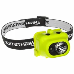 Hands-free headlamp with three light outputs, 190 lumens maximum output, and a 154-meter beam distance. Runs 3.5 hours at maximum brightness on three included AAA batteries. Suitable for maintenance, inspection, and repair tasks requiring reliable illumination.