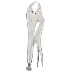Curved-jaw locking pliers with lever-type mechanism, overall length 10 in, jaw length 1-1/4 in, and maximum jaw opening 1-7/8 in. Suitable for clamping and gripping round or irregular workpieces in industrial maintenance, fabrication, and assembly tasks.