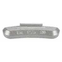 Clip-on wheel weight made of coated zinc, designed for balancing steel rims on passenger cars. Attaches directly to the rim flange to reduce vibration during rotation. Suitable for use in tire service and vehicle maintenance