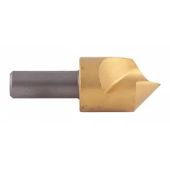 This 60° single-flute countersink is made from TiN-coated high-speed steel with a 1-inch body diameter. It is designed for fast cutting and deburring operations on metal, plastic, or wood, creating conical recesses for flathead screws.