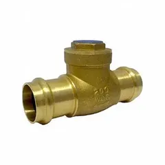 This lead-free brass inline swing check valve features a 1 1/4 in pipe size and Press x Press connections. It is used to prevent backflow in piping systems, allowing flow in one direction only. Suitable for water, HVAC, and process lines where unidirectional flow control is required.