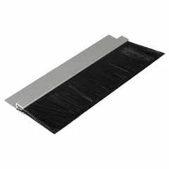 This brush weatherseal seals gaps around garage doors, loading docks, and industrial openings to block drafts, dust, and pests. It is commonly used in material handling facilities and warehouses to improve energy efficiency and maintain clean environments. The assembly includes a 1-1/2 in brush and a 1-1/8 in straight holder, with a 10 ft overall length.