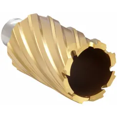 This annular cutter is made of high-speed steel with a titanium nitride (TiN) coating for general cutting applications. It has a 1-3/8 in cutter diameter and a maximum cutting depth of 2 in, featuring a Weldon Flat shank for use with magnetic drilling machines. Suitable for cutting steel and other metals in structural fabrication and maintenance tasks.