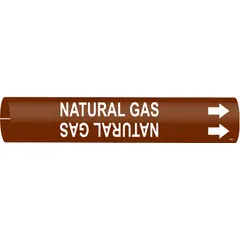 This snap-on pipe marker identifies natural gas lines with white legend on a brown background. It fits pipe outer diameters from 2-1/2 to 3-7/8 inches and includes directional arrows. Used in industrial facilities to mark gas pipelines for safety and maintenance.