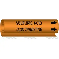 Wrap-around pipe marker for identifying pipes carrying sulfuric acid. Orange background with black legend and directional arrows. Fits pipe outer diameters from 2-1/2 to 7-7/8 inches. Supplied as a single marker