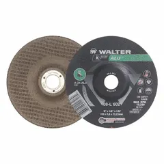 This Type 27 general purpose combination wheel is designed for cutting and grinding soft metals such as aluminum. It measures 6 inches in diameter, 1/8 inch thick, with a 7/8 inch arbor hole. The wheel is made of aluminum oxide abrasive and is part of the ALU series.