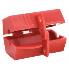 Red polypropylene encasing lockout for 2-prong, 110V AC plugs with a maximum plug diameter of 1 7/10 in. Designed to isolate plugs during maintenance, preventing accidental re-energization in lockout/tagout procedures.