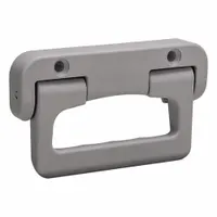 This folding pull handle is made of gray plastic with unthreaded holes for M6 screws. It has an 80 mm mounting hole center-to-center distance and a 16.5 mm dimension. Suitable for use on industrial enclosures, machine doors, and panels where a retractable grip is needed