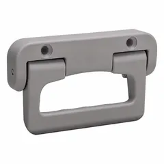 This folding pull handle is made of gray plastic with unthreaded holes for M6 screws. It has an 80 mm mounting hole center-to-center distance and a 16.5 mm dimension. Suitable for use on industrial enclosures, machine doors, and panels where a retractable grip is needed.