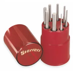 This 8-piece punch set includes flat-tip punches in SAE sizes: 1/16 in, 3/32 in, 1/8 in, 5/32 in, 3/16 in, 7/32 in, 1/4 in, and 5/16 in tip diameters. Punches are made of steel and designed for driving out pins in assembly and maintenance tasks. Not intended for striking applications.