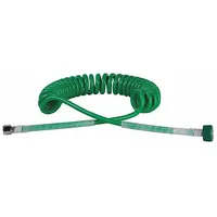 This MAXTEC single-coil oxygen hose has a 1/4 in diameter and is green in color. It features brass fittings and a female DISS outlet connection. Designed for oxygen service, it is compatible with blender machines in medical gas systems