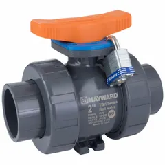 This manual two-way ball valve is constructed of CPVC with a straight body and Class 150 flanged connections. It features a locking tee handle for secure operation. Typical applications include on/off flow control in industrial piping systems handling corrosive fluids.