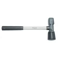 Fiberglass-handle tire hammer with rubber head, 18 in overall length. Used for mounting and demounting automobile tires. The rubber head helps reduce rim damage while delivering controlled striking force.